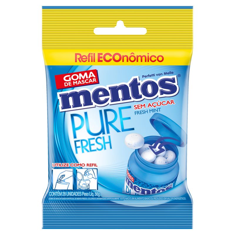 Goma de Mascar Fresh Mint Zero Açúcar Mentos Pure Fresh Pacote 56g 28 Unidades Refil Econômico