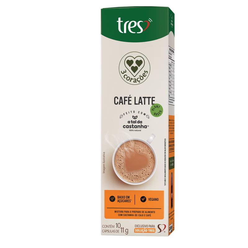 Café com Leite em Cápsula Latte Vegano 3 Corações Caixa 10 Unidades 11g Cada