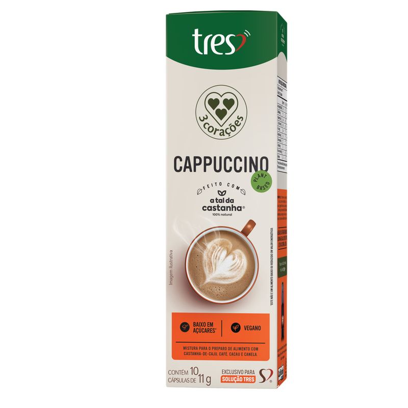 Café Três Corações 10 Cápsulas Cappuccino Castanha Vegano Caixa 110g