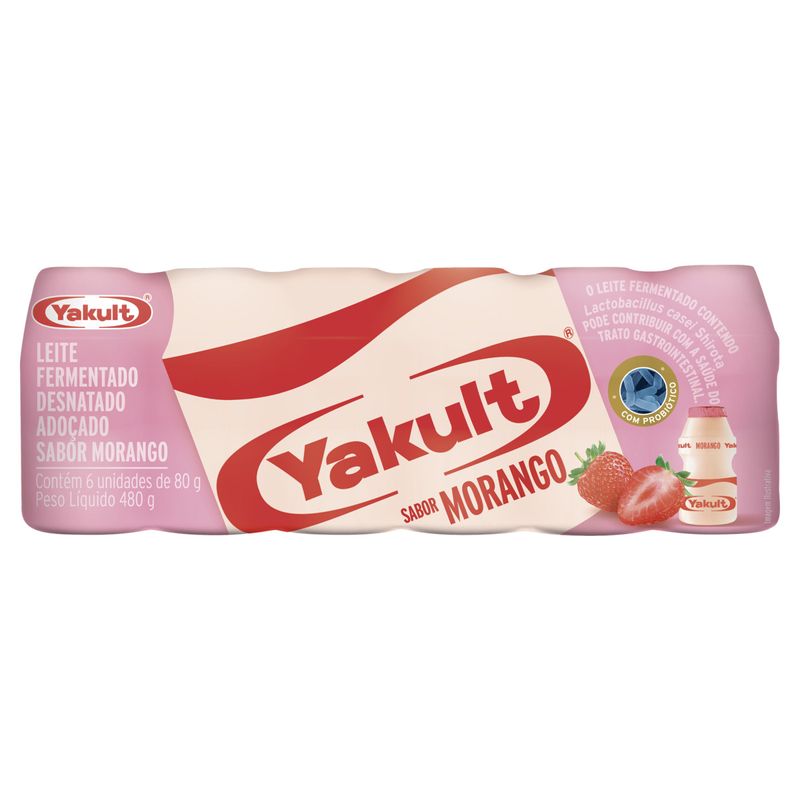 Pack Leite Fermentado Desnatado Morango Yakult Frasco 480g 6 Unidades