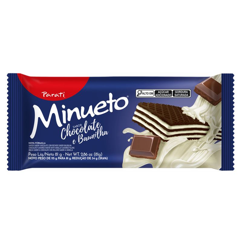 Biscoito Wafer Chocolate Recheio Baunilha Minueto Pacote 81g