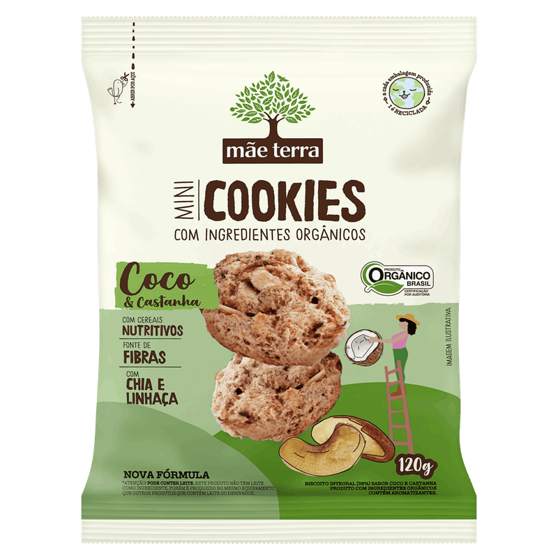 Biscoito Integral Orgânico Coco & Castanhas Mãe Terra Mini Cookies Pacote 120g