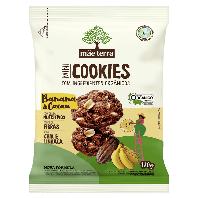 Biscoito Integral Orgânico Banana & Cacau Mãe Terra Mini Cookies Pacote 120g