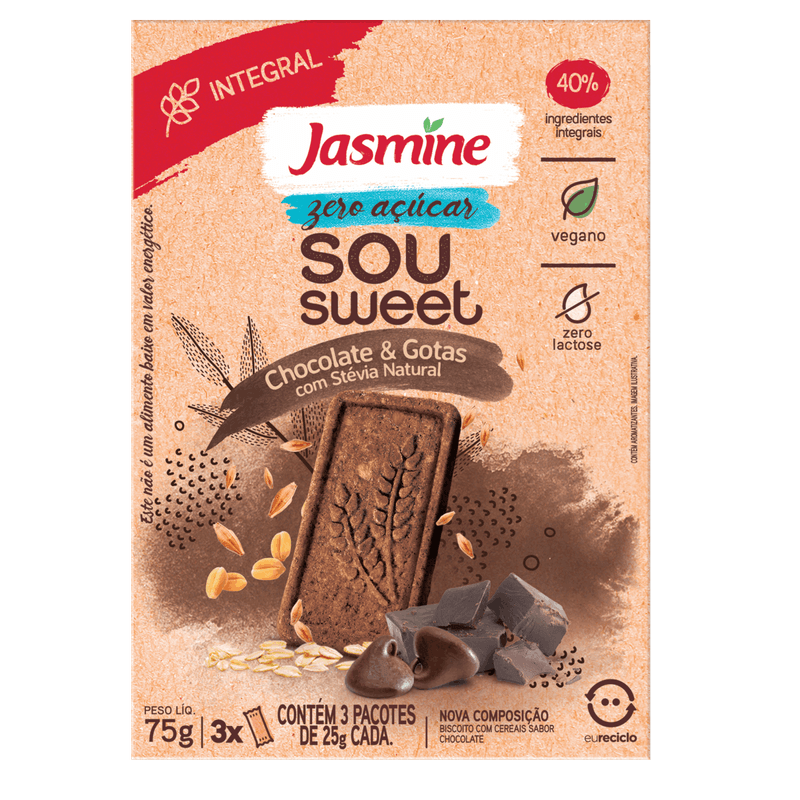 Biscoito Vegano Chocolate & Gotas Zero Açúcar Jasmine Sou Sweet Caixa 75g