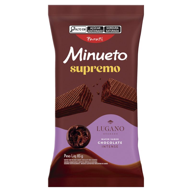 Biscoito Wafer Recheio Chocolate Intense Lugano Minueto Supremo Pacote 83g