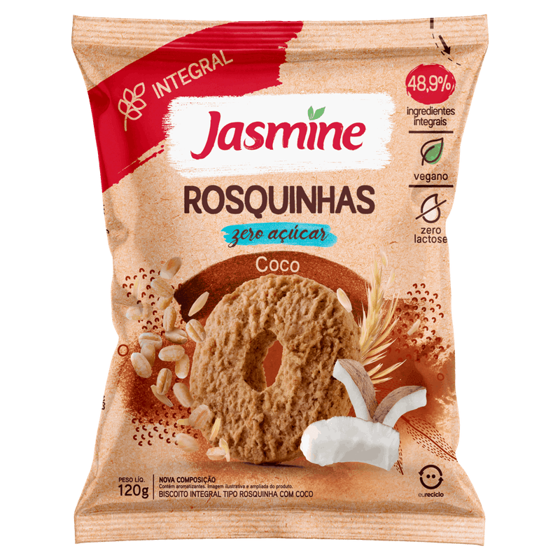 Biscoito Rosquinha Vegano Integral Coco Zero Açúcar Jasmine Pacote 120g