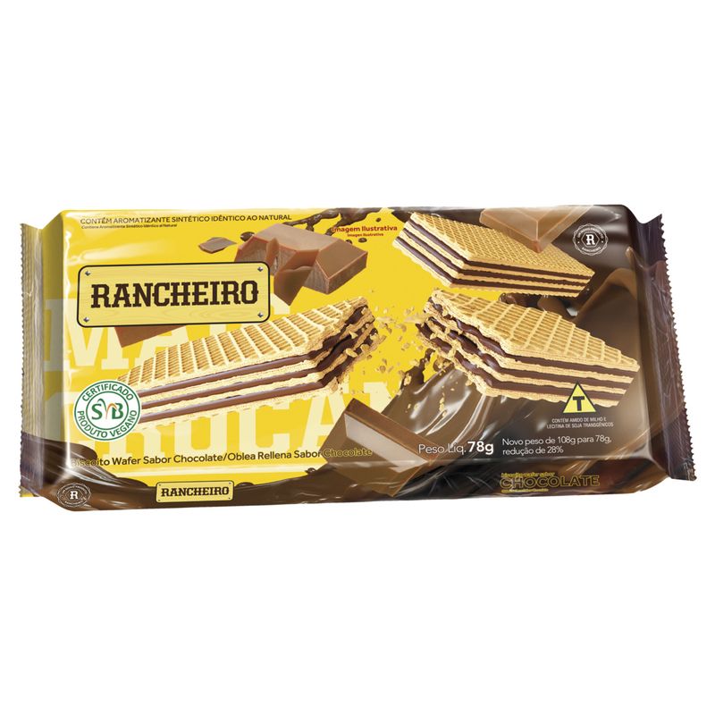 Biscoito Wafer Vegano Recheio Chocolate Rancheiro Pacote 78g
