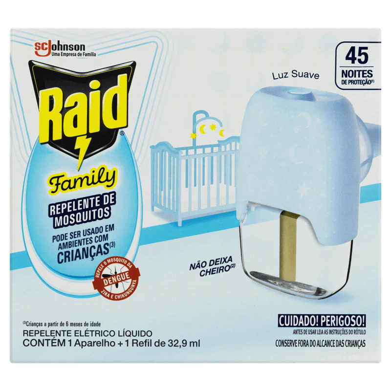 Kit Aparelho Elétrico + Refil Repelente Líquido 45 Noites Raid Family 32,9ml
