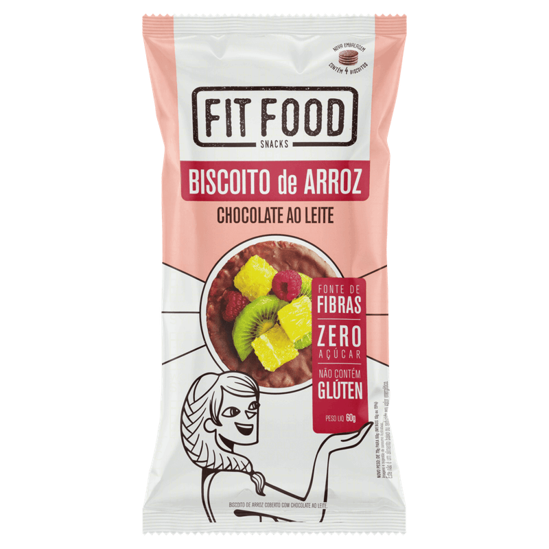 Biscoito de Arroz Integral Cobertura Chocolate ao Leite Zero Açúcar Fit Food Pacote 60g