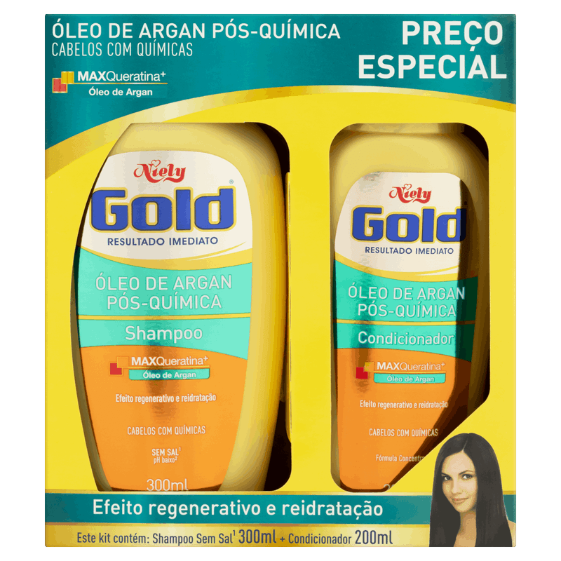 Kit-Shampoo-300ml---Condicionador-200ml-Niely-Gold-Oleo-de-Argan-Pos-Quimica