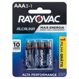 Pilha Alcalina AAA Rayovac 4 Unidades 1,5V Grátis 1 Pilha