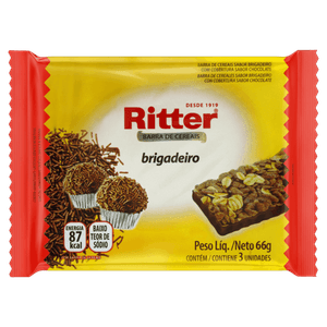 Pack Barra de Cereal Brigadeiro Cobertura Chocolate Ritter Pacote 66g 3 Unidades