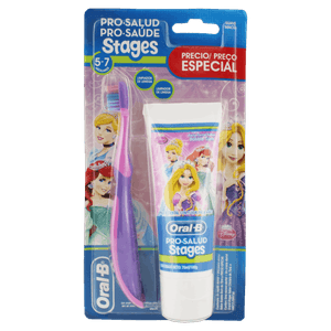 Kit Escova + Creme Dental Infantil com Flúor Frutas Silvestres Princesas/Toy Story Oral-B Stages 100g