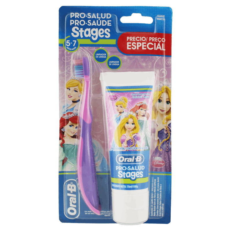 Kit-Escova---Creme-Dental-Infantil-com-Fluor-Frutas-Silvestres-Princesas-Toy-Story-Oral-B-Stages-100g