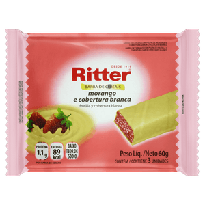 Pack Barra de Cereal Morango Cobertura Branca Ritter Pacote 60g 3 Unidades