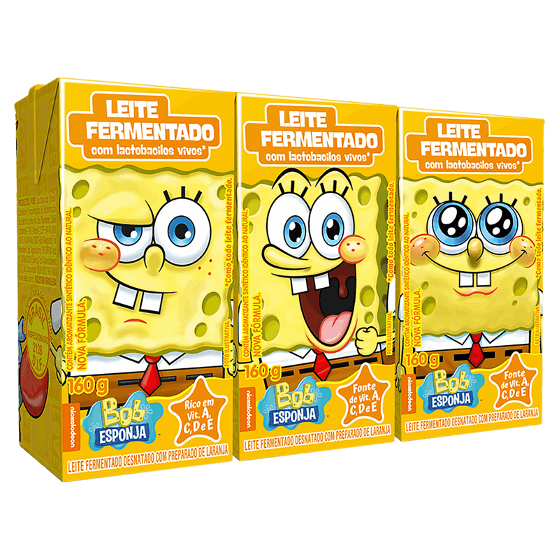 Pack-Leite-Fermentado-Desnatado-Laranja-Bob-Esponja-Elege-Caixa-3-Unidades-160g-Cada