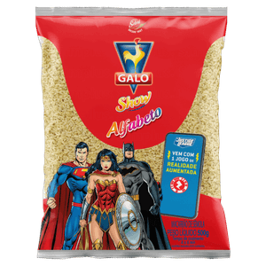 Macarrão de Sêmola Alfabeto Galo Show Pacote 500g Vem com Jogo de Realidade Aumentada Justice League