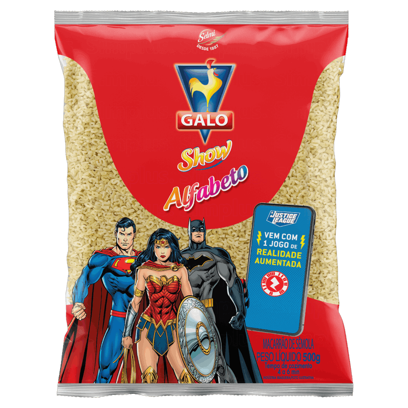 Macarrao-de-Semola-Alfabeto-Galo-Show-Pacote-500g-Vem-com-Jogo-de-Realidade-Aumentada-Justice-League