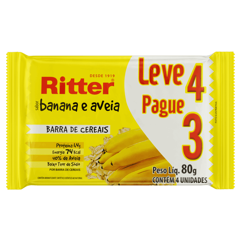Pack-Barra-de-Cereal-Banana-e-Aveia-Ritter-Pacote-80g-Leve-4-Pague-3-Unidades