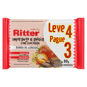 Pack Barra de Cereal Morango e Aveia Cobertura Chocolate Ritter Pacote 80g Leve 4 Pague 3 Unidades