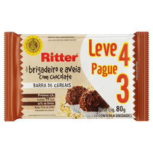 Pack Barra de Cereal Brigadeiro e Aveia Cobertura Chocolate Ritter Pacote 80g Leve 4 Pague 3 Unidades