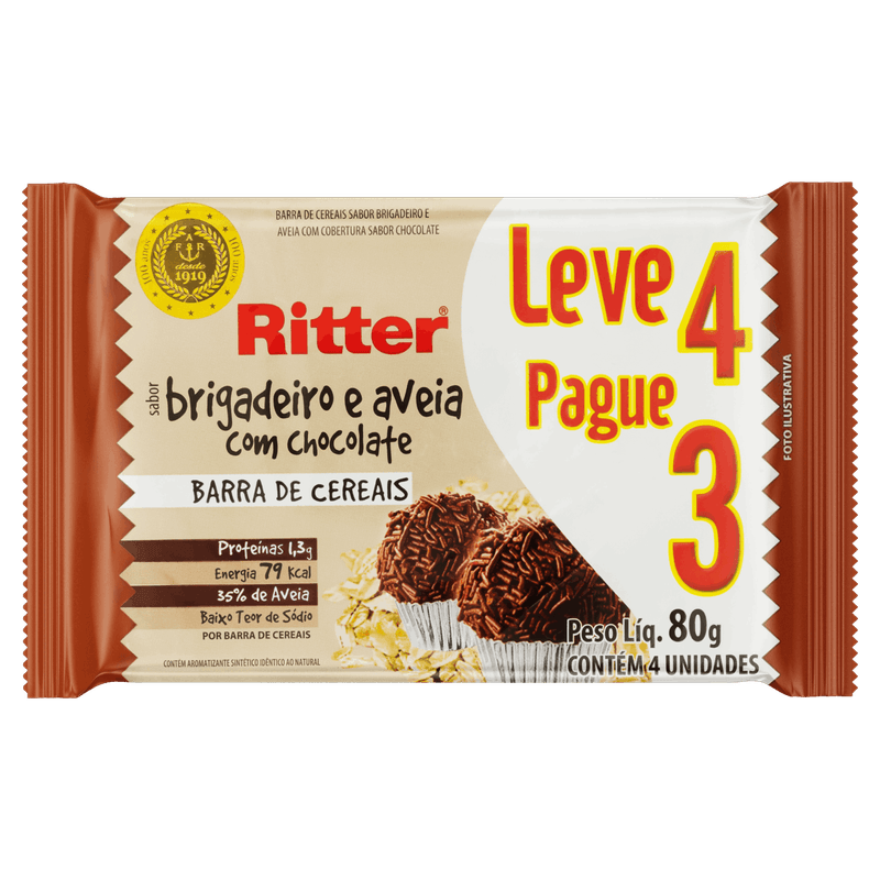 Pack-Barra-de-Cereal-Brigadeiro-e-Aveia-Cobertura-Chocolate-Ritter-Pacote-80g-Leve-4-Pague-3-Unidades