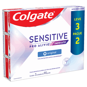 Pack Creme Dental Original Colgate Sensitive Pro-Alívio Imediato Caixa 90g Cada Leve 3 Pague 2 Unidades