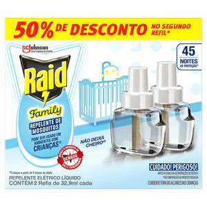 Repelente Líquido Elétrico 45 Noites Raid Family Caixa 2 Unidades 32,9ml Cada Grátis 50% de Desconto no Segundo Refil