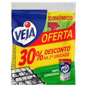 Pack Limpador Desengordurante Cozinha Limão Veja Sachê 2 Unidades 400ml Cada Grátis 30% Desconto na 2ª Unidade Refil Eco