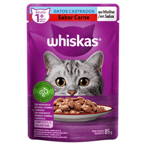 Alimento para Gatos Castrados Adultos 1+ Carne ao Molho Whiskas Sachê 85g