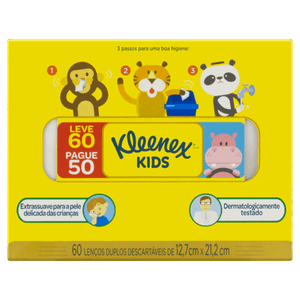 Lenço de Papel Folha Dupla Extra Suave Kleenex Kids Caixa Leve 60 Pague 50 Unidades