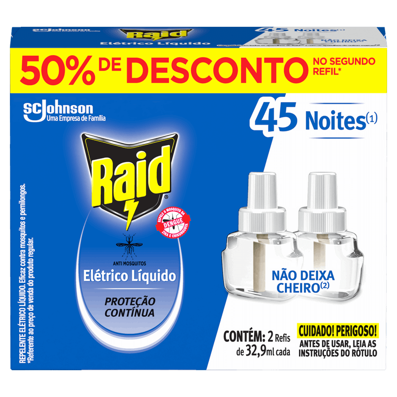 Repelente-Liquido-Eletrico-45-Noites-Raid-Caixa-2-Unidades-329ml-Cada-Gratis-50--de-Desconto-no-Segundo-Refil