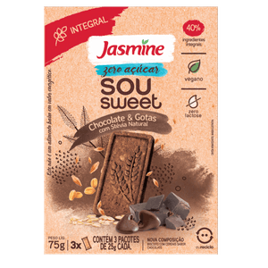 Biscoito Vegano Chocolate & Gotas Zero Açúcar Jasmine Sou Sweet Caixa 75g