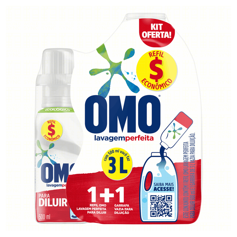 Kit-Garrafa-para-Diluicao---Lava-Roupas-Concentrado-para-Diluir-Omo-Lavagem-Perfeita-500ml-Refil-Economico