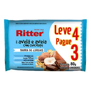 Barra de Cereal Avelã, Aveia, Chocolate Ritter Pacote 80g leve 4 Pague 3