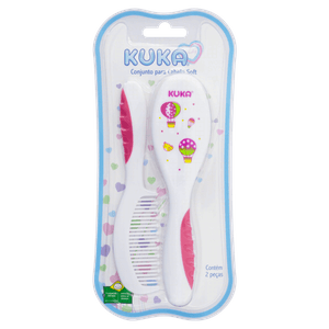 Conjunto Escova e Pente para Cabelo Rosa Soft Kuka Baby 2 Unidades