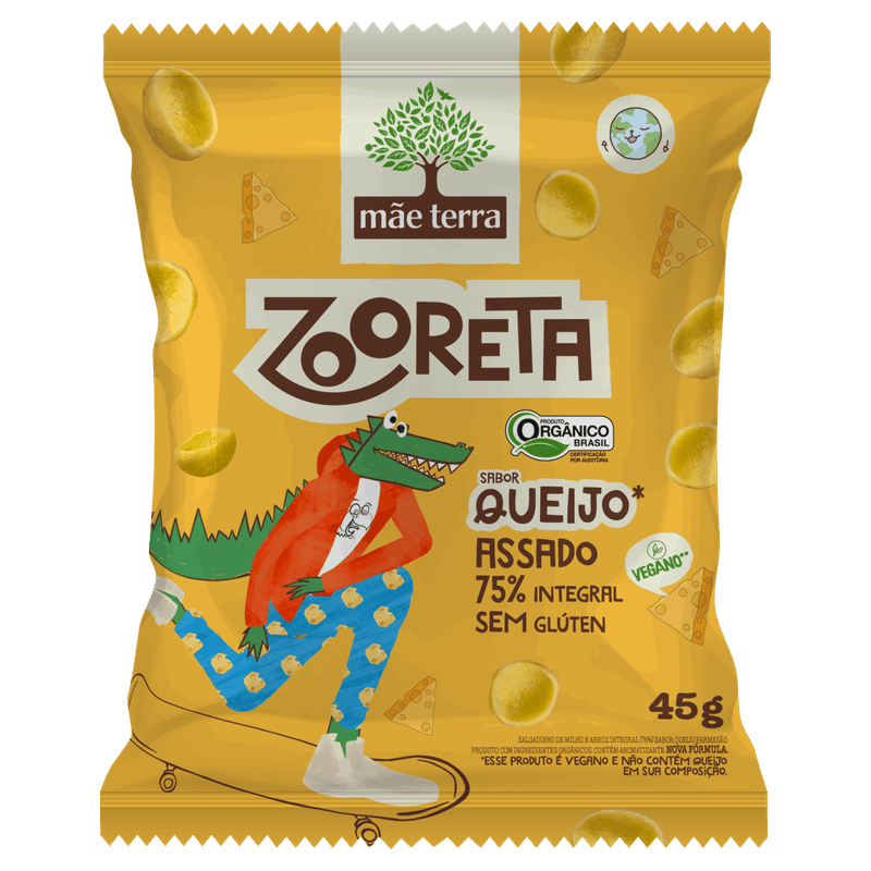 Salgadinho-de-Milho-e-Arroz-Integral-Organico-Queijo-Mae-Terra-Zooreta-Pacote-45g