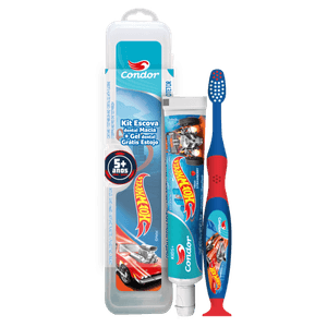 Kit Escova + Gel Dental com Flúor Morango Hot Wheels 50g Condor Kids+ Grátis Estojo Protetor