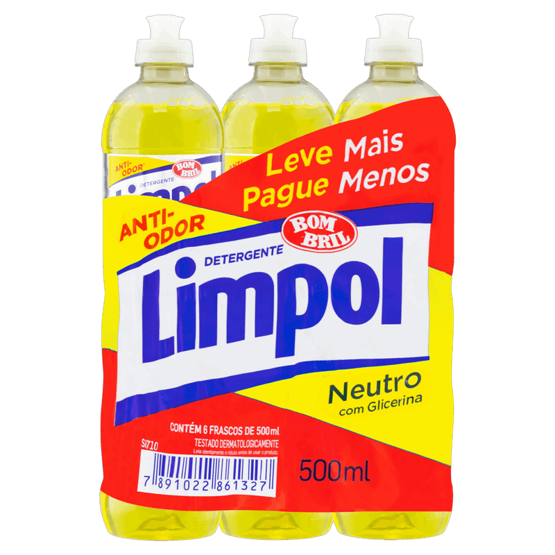 Pack Detergente Líquido Neutro Limpol Squeeze 6 Unidades 500ml Cada Leve Mais Pague Menos