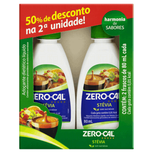 Pack Adoçante Líquido Stevia com Sucralose Zero Cal Caixa 160ml 2 Unidades Grátis 50% de Desconto na 2ª Unidade