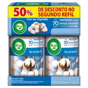 Pack Neutralizador de Odores Flor de Algodão Freshmatic Bom Ar Frasco 2 Unidades 250ml Cada Grátis 50% de Desconto no Se