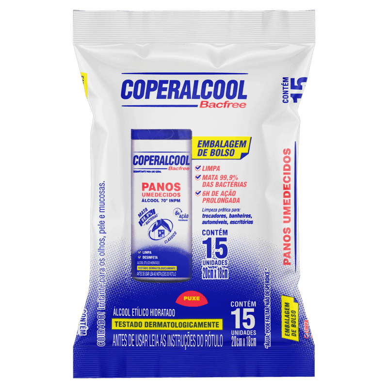 Pano-Umedecido-com-Alcool-70°-INPM-Classico-Coperalcool-Bacfree-Pacote-15-Unidades