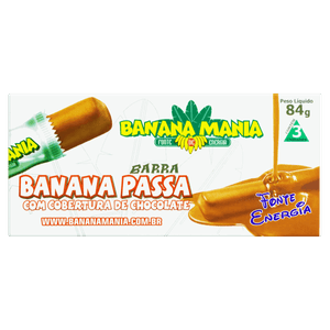 Pack Barra de Frutas Banana-Passa Cobertura Chocolate ao Leite Banana Mania Caixa 84g 3 Unidades