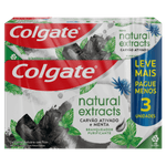 Pack Gel Dental Carvão Ativado Menta Colgate Natural Extracts Purificante Caixa 3 Unidades 90g Cada