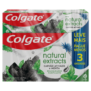 Pack Gel Dental Carvão Ativado Menta Colgate Natural Extracts Purificante Caixa 3 Unidades 90g Cada