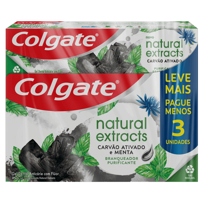 Pack Gel Dental Carvão Ativado Menta Colgate Natural Extracts Purificante Caixa 3 Unidades 90g Cada