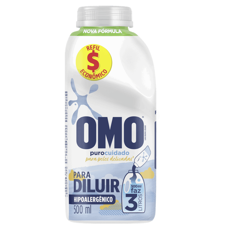 Lava-Roupas-Liquido-para-Diluir-Omo-Puro-Cuidado-Frasco-500ml-Refil-Economico