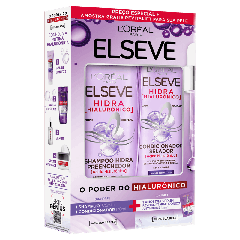 Kit-Shampoo-375ml---Condicionador-170ml-L-oreal-Paris-Elseve-Hidra-Hialuronico-Gratis-Amostra-Serum-Revitalift-Hialuroni