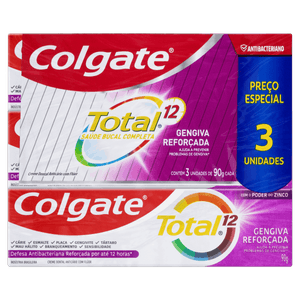 Pack Creme Dental Colgate Total 12 Gengiva Reforçada Caixa 3 Unidades 90g Cada