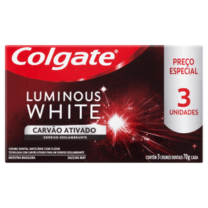 Pack Creme Dental Carvão Ativado Colgate Luminous White Caixa 3 Unidades 70g Cada